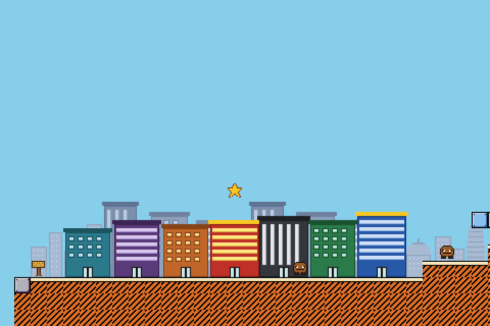 Preview of the side-scrolling CV game: a row of colourful office buildings with a star floating above
